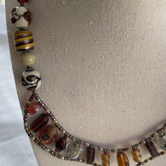 Vintage Amber & Glass Faceted Bead and Porcelain Flower Boho Necklace 21 inches - Picture 5 of 15